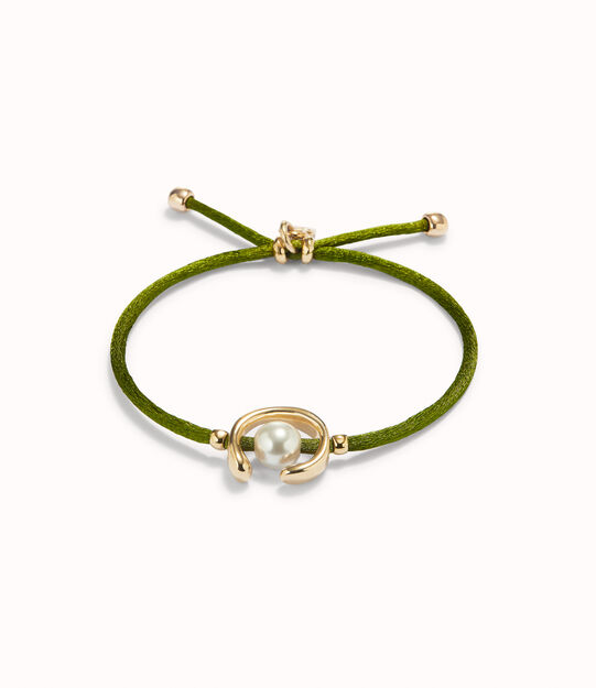Pulsera de hilo verde oscuro con perla shell fornitura ba&ntilde;ada en oro 18k.